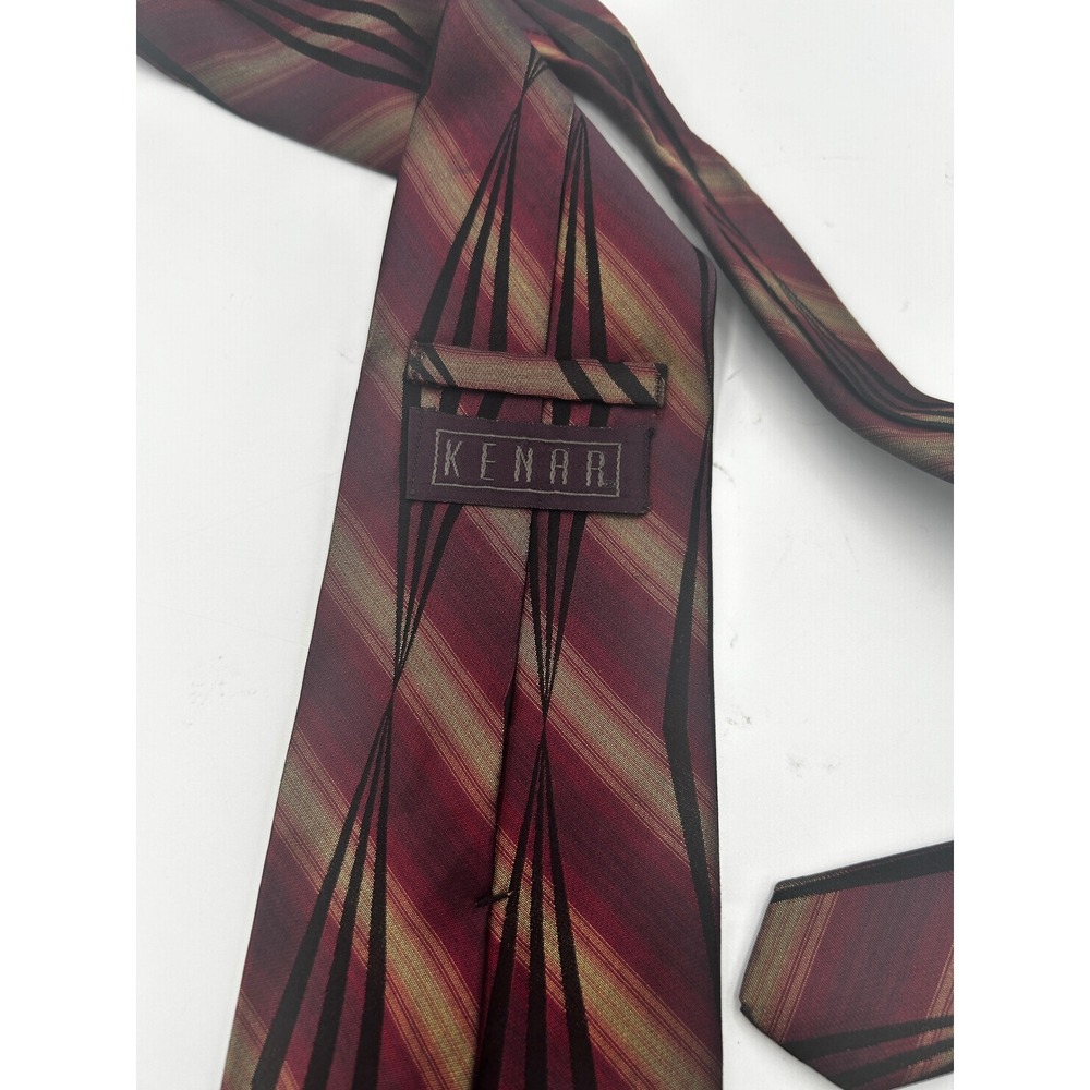 Kenar Mens Silk Necktie Burgundy Gold Black Geometric Striped Made in USA Tie